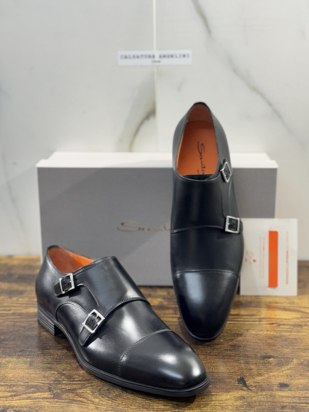 Santoni Doppia Fibbia Pelle Nero Fondo Gomma Luxury Santoni Scarpa Uomo 43.5