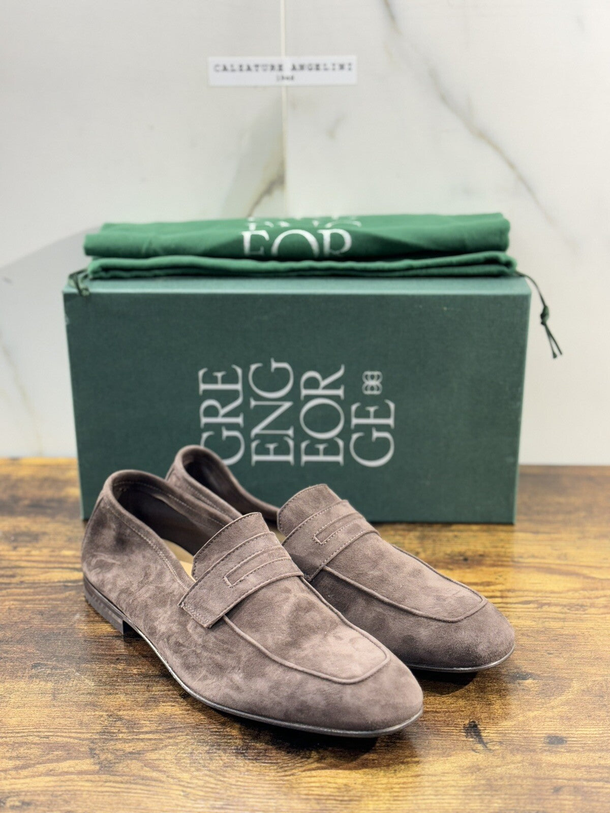 Green George Scarpa Uomo Mocassino Pelle Suede Marrone Luxury Handmade 42.5