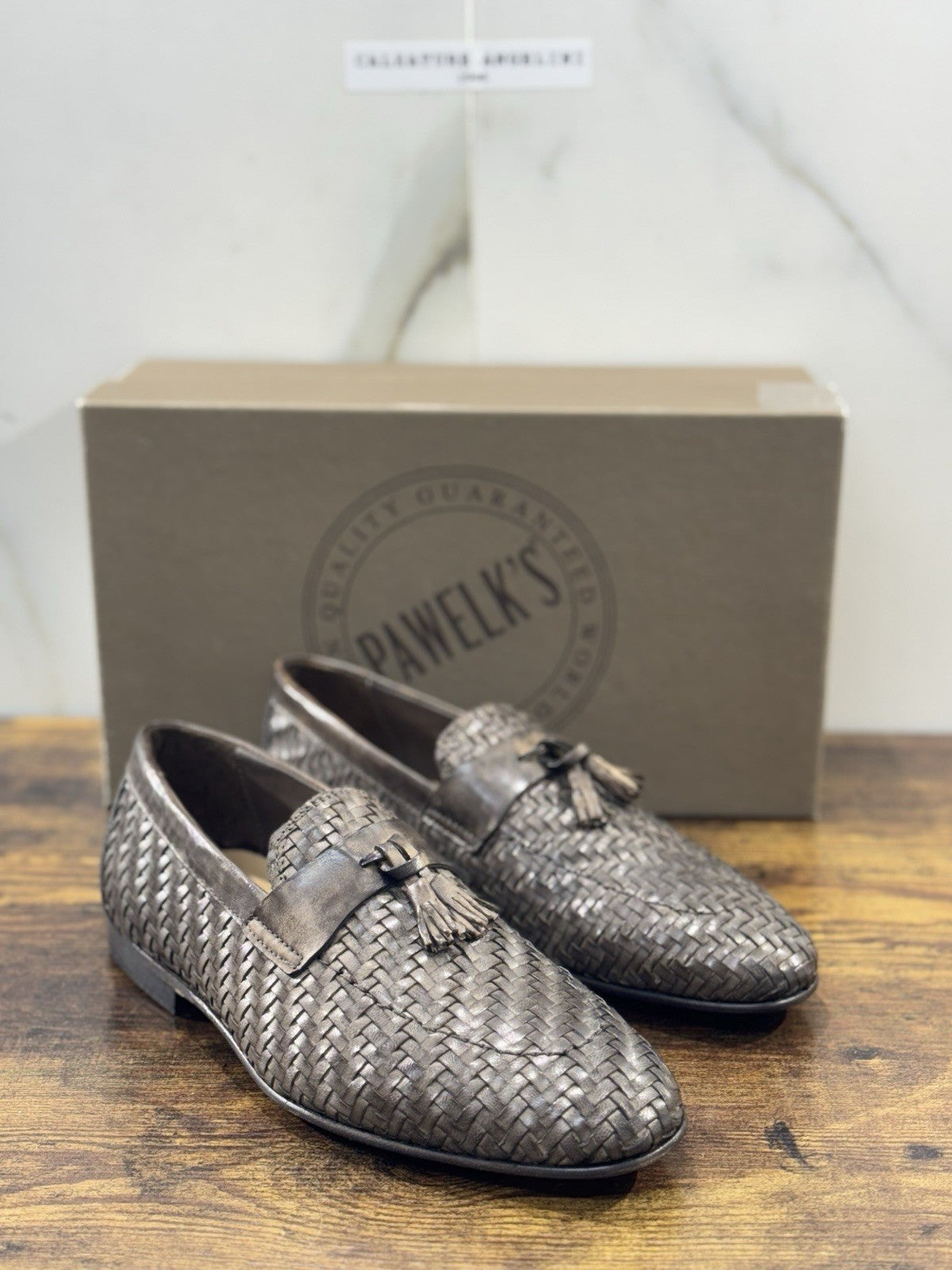 Pawelk’s Mocassino Uomo Pelle Birch Hand Made In Italy Intrecciato 44