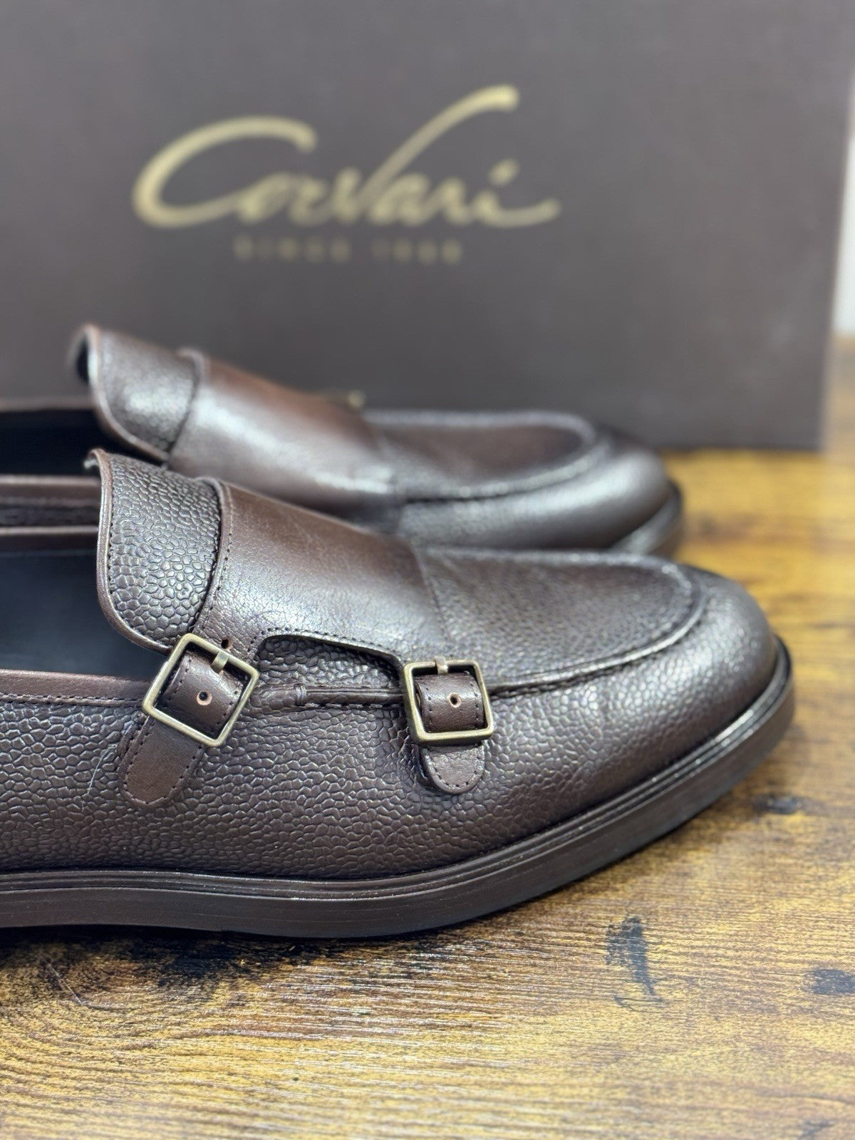 Corvari Scarpa Uomo Doppia Fibbia Pelle Ebano Luxury Men Shoes 40