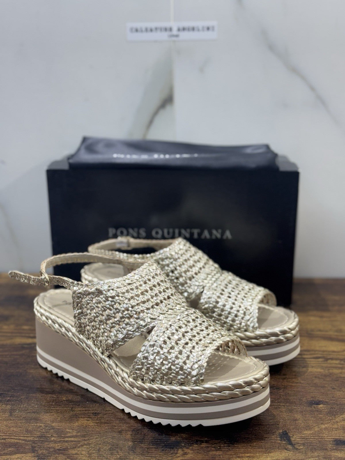 Pons Quintana Sandalo Padova Donna Pelle Platino Handmade Con Zeppa 41
