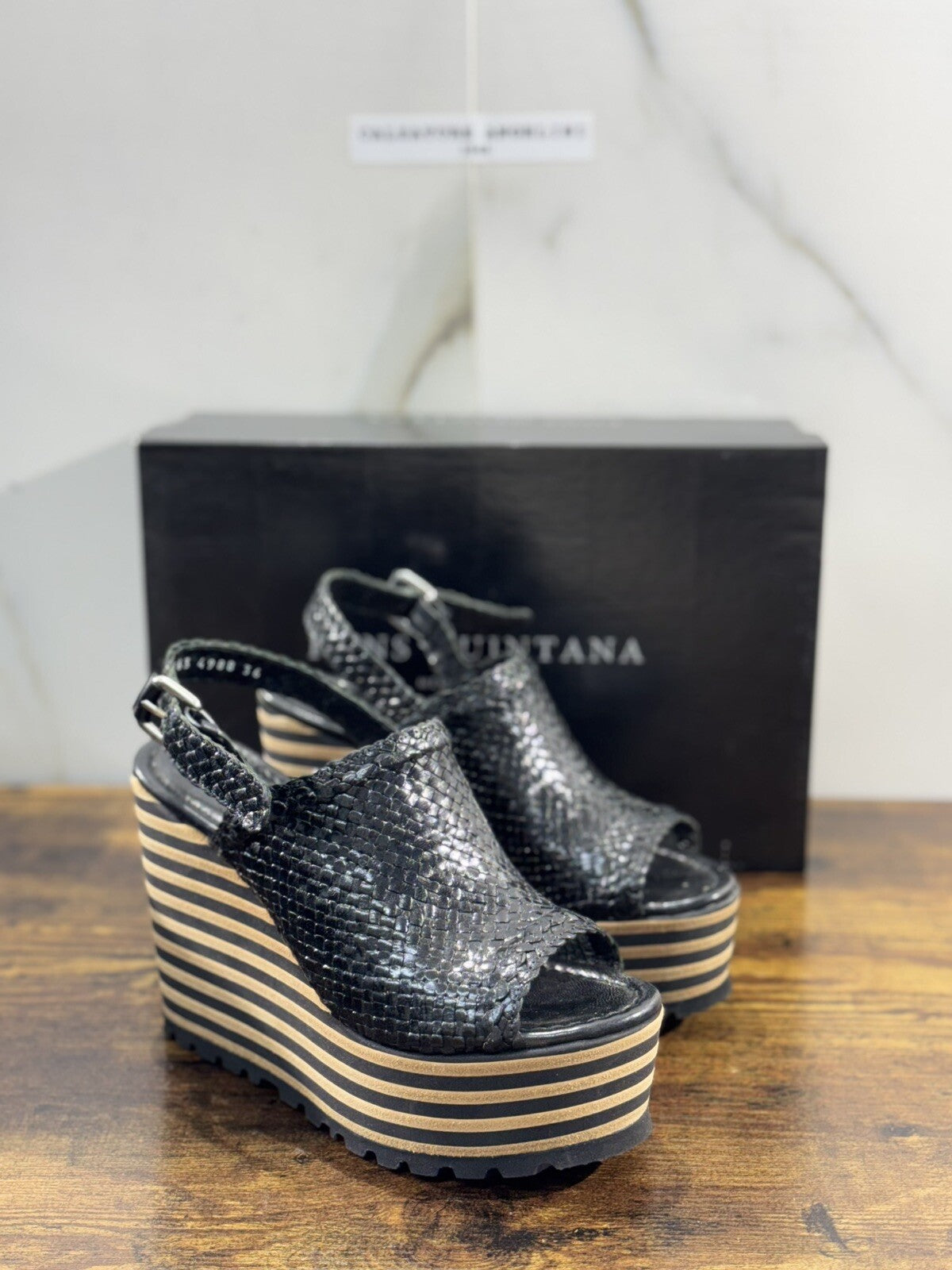 Pons Quintana Sandalo Donna Pelle Nero Handmade Con Zeppa 40