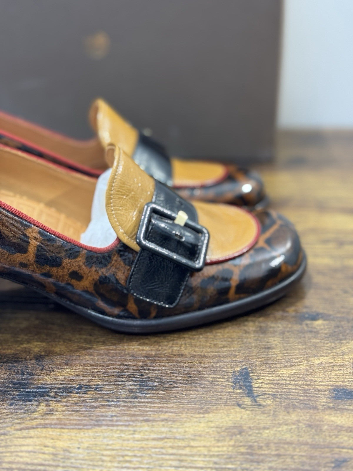 Chie Mihara Mocassino Meisin Pelle Nero Leopard Con Tacco Donna 38
