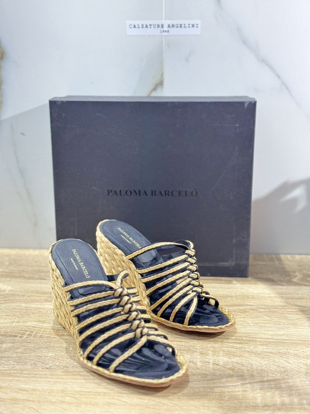 Paloma BARCELO’ Sandalo Donna Calie Pelle Raffia Nero Beige Luxury 40