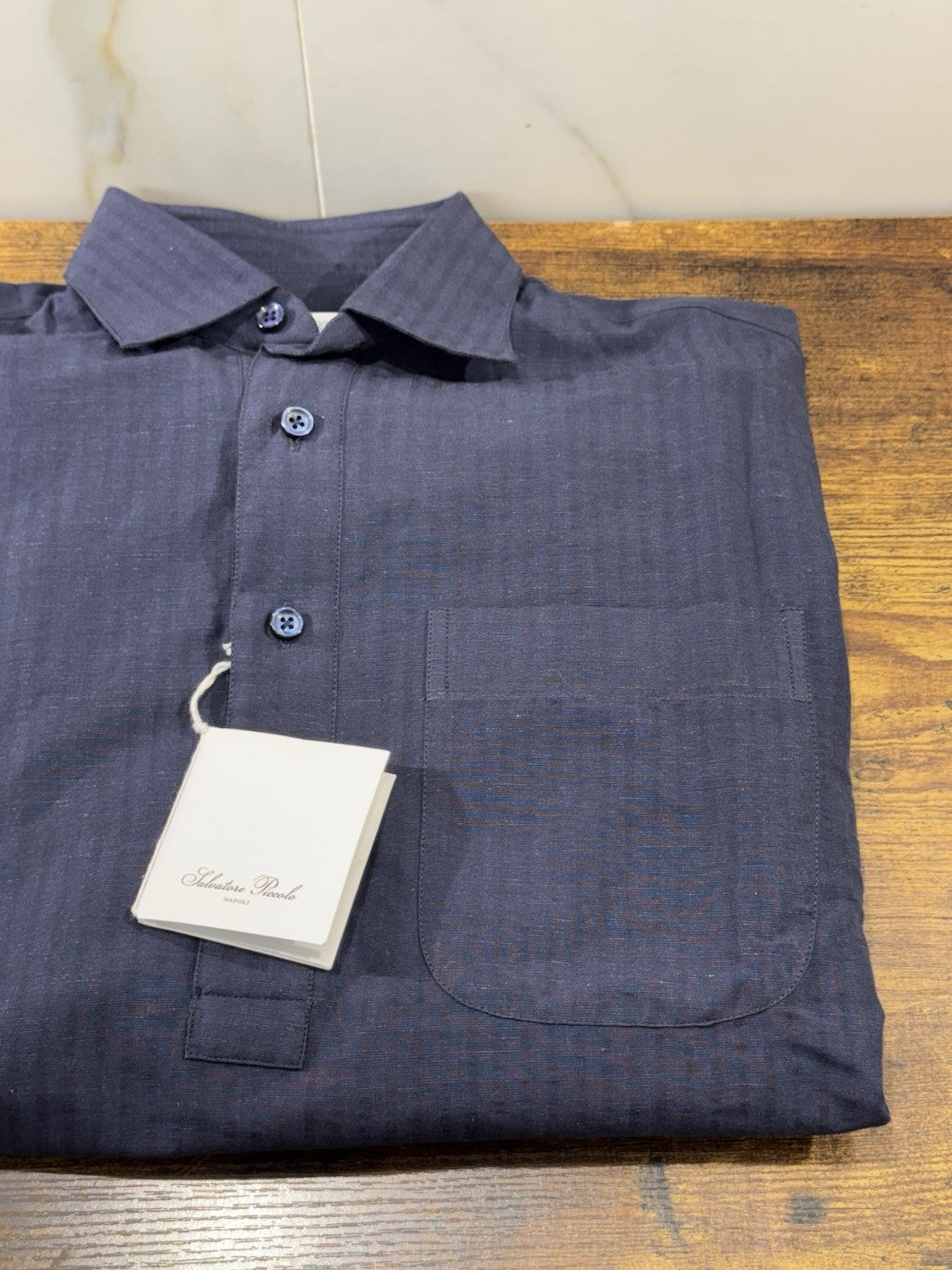Salvatore Piccolo Napoli Polo Camicia Blu Top Italian Quality Misto Lino Uomo S