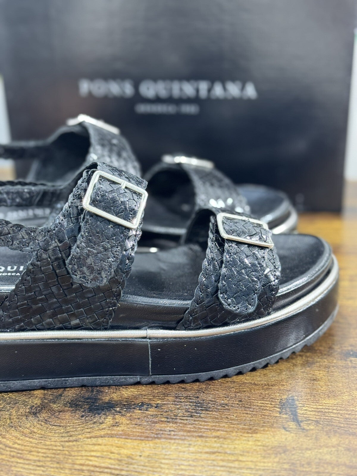 Pons Quintana Sandalo Donna Maika Pelle Nero Handmade Zeppa 40