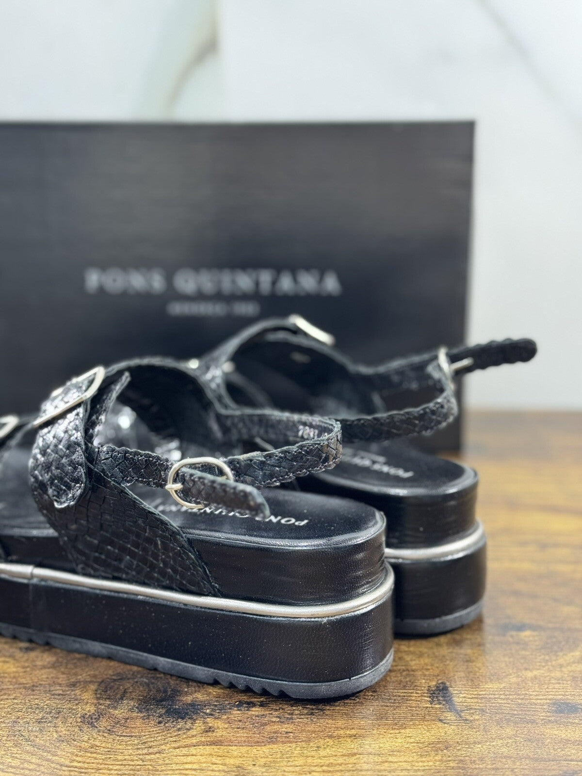 Pons Quintana Sandalo Donna Maika Pelle Nero Handmade Zeppa 40