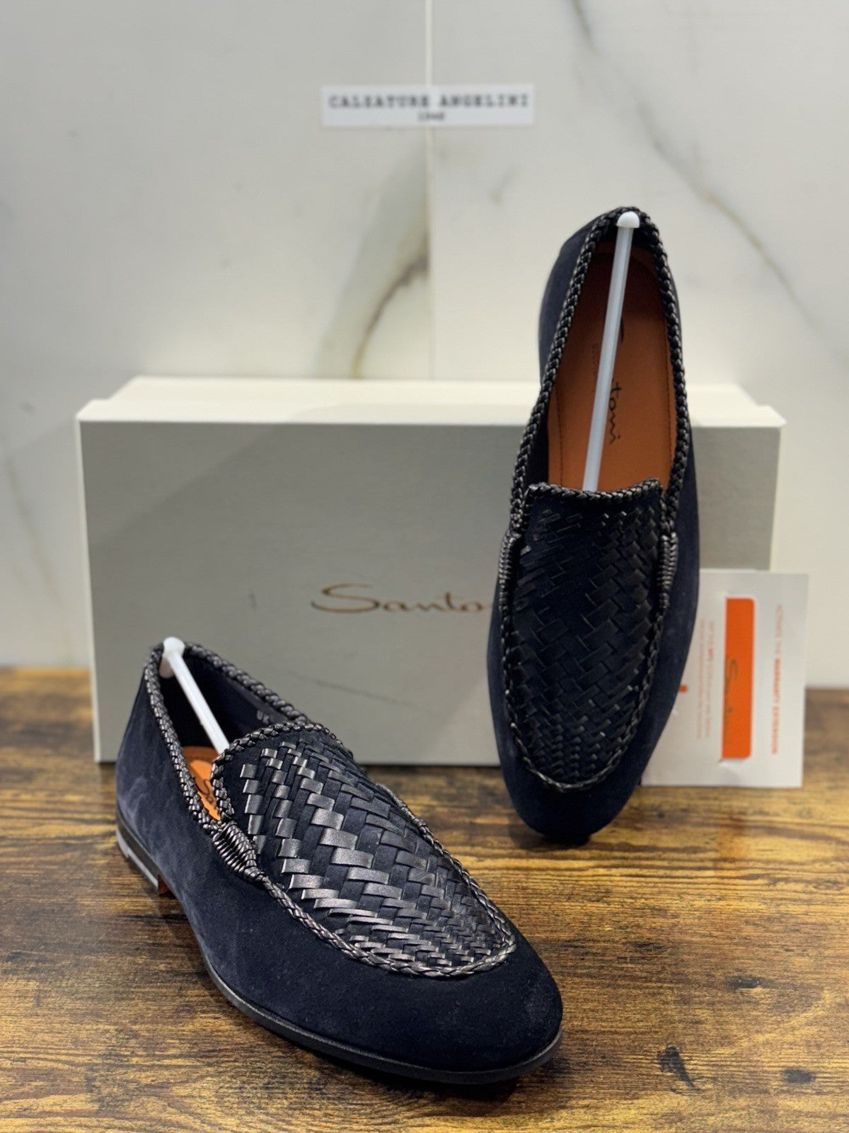 Santoni Mocassino Intrecciato Blu Suede Pelle Luxury Men Goodyear Uomo 42.5