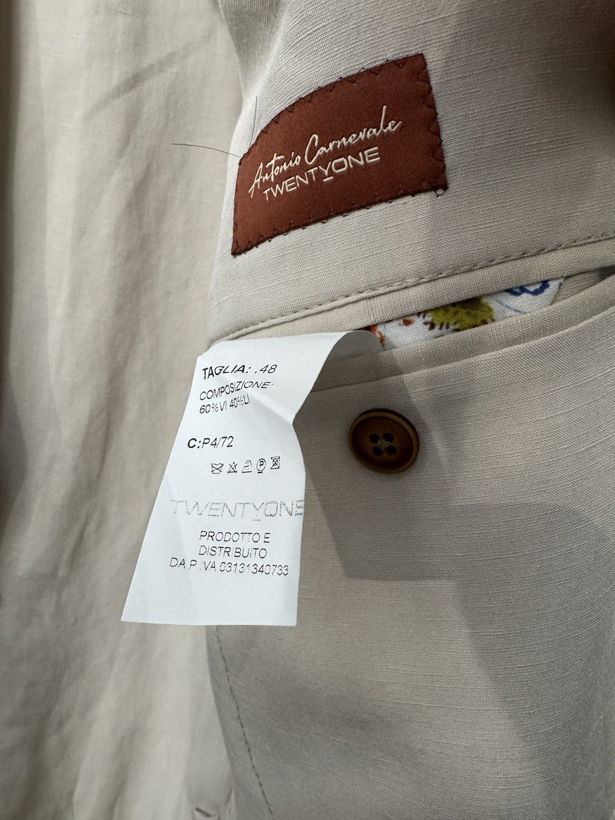 Twenty One Giacca Uomo 2 Bottoni Ecru Misto Lino Made In Italy 48