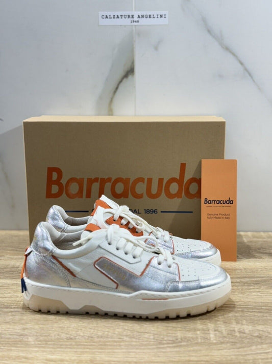 Barracuda Sneaker Donna Pelle Bianca Argento   Casual Woman Handmade Sneaker 36