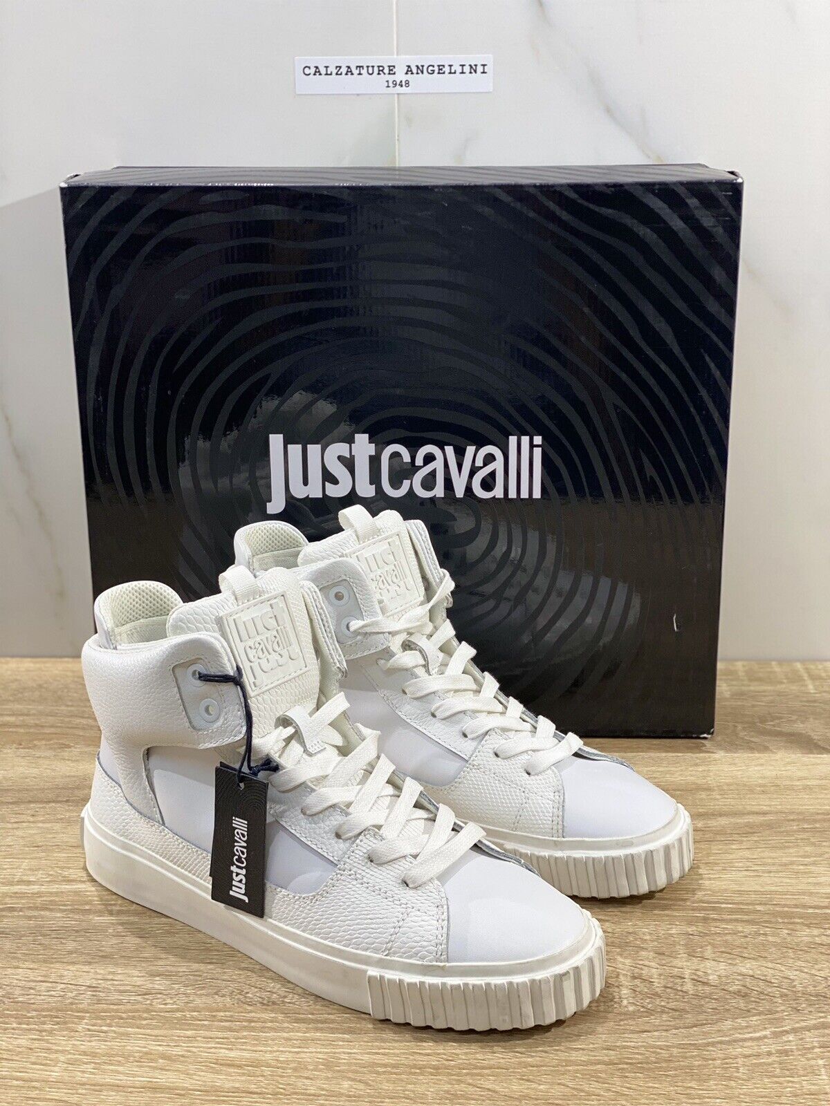 Just Cavalli Sneaker Uomo High Top Pelle bianca Casual Shoes Men 41