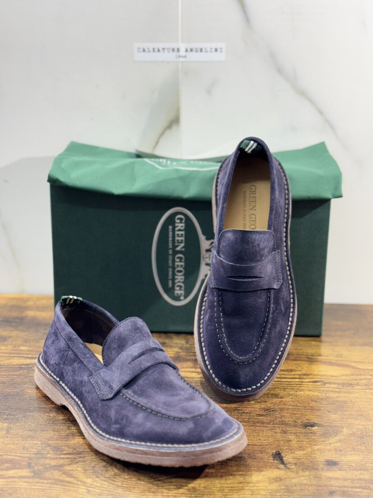 Green George Mocassino Uomo  Suede Blu    Luxury Handmade Men 40.5