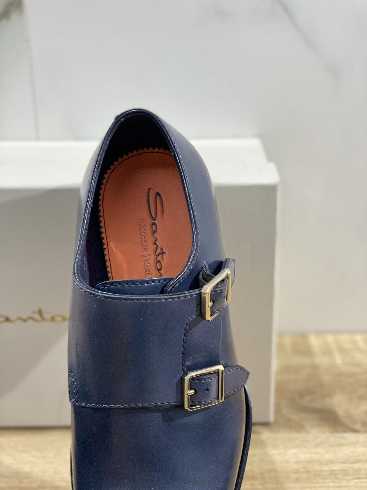 Santoni Doppia Fibbia Uomo In Pelle Blu Bicolor Lux Goodyear Double Buckle 41