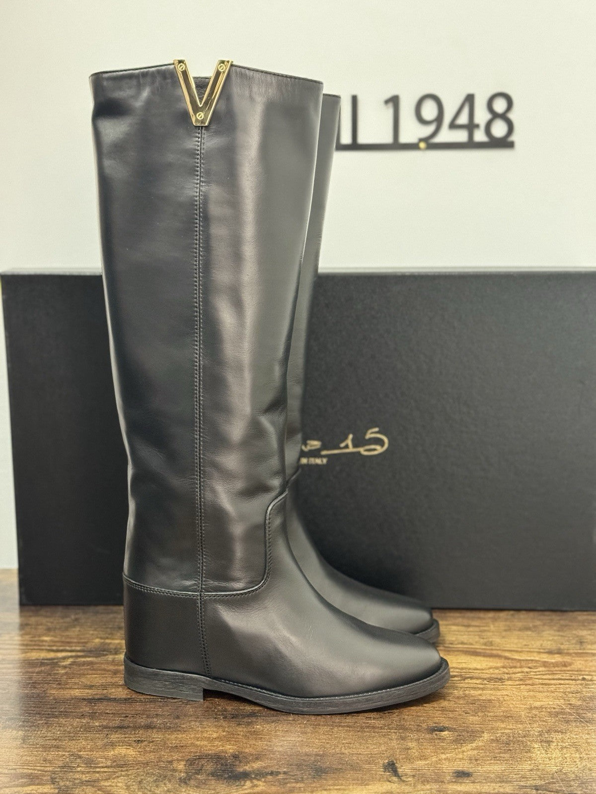 Via Roma 15 Stivale Icon 2568  V Logo Oro Pelle Nera Casual Donna 37.5