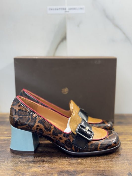 Chie Mihara Mocassino Meisin Pelle Nero Leopard  Con Tacco Donna 38