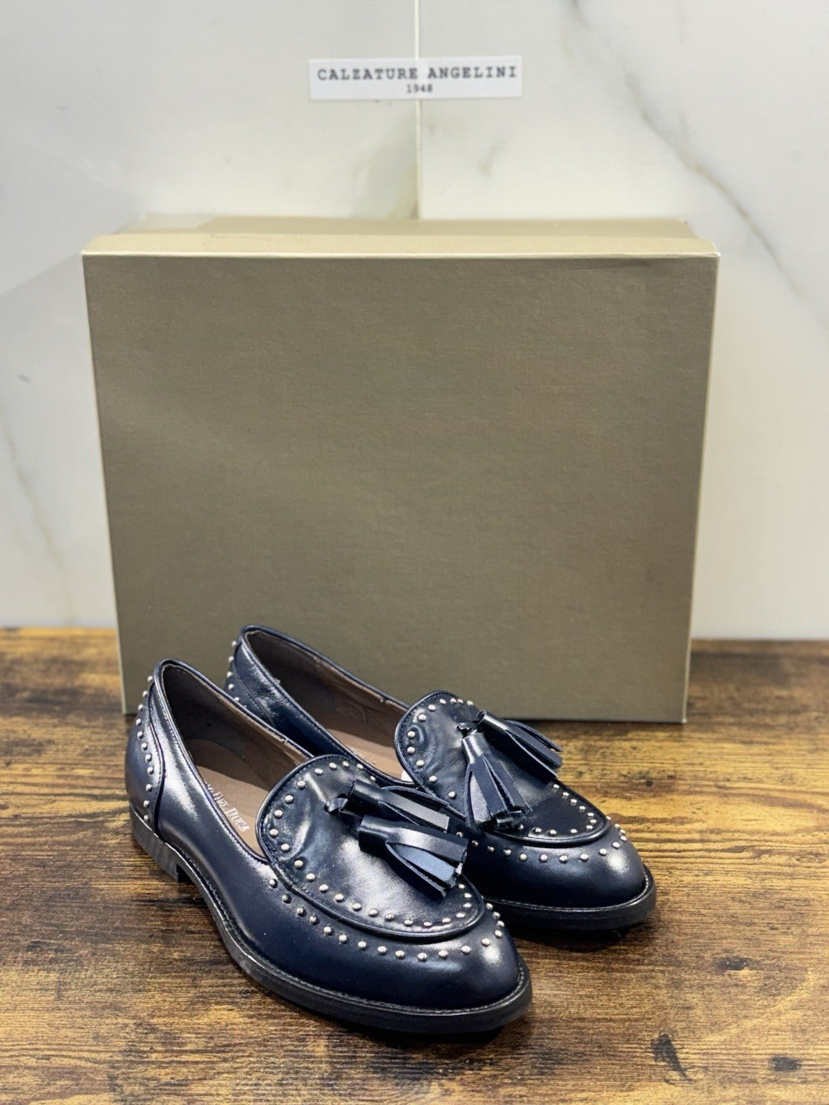 Duccio Del Duca Mocassino   Pelle Blu Borchie    Made In Italy Donna 40