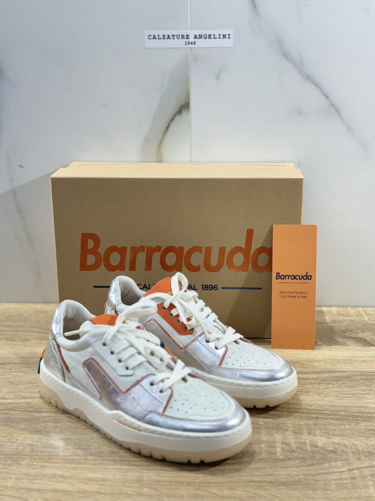 Barracuda Sneaker Donna Pelle Bianca Argento   Casual Woman Handmade Sneaker 36