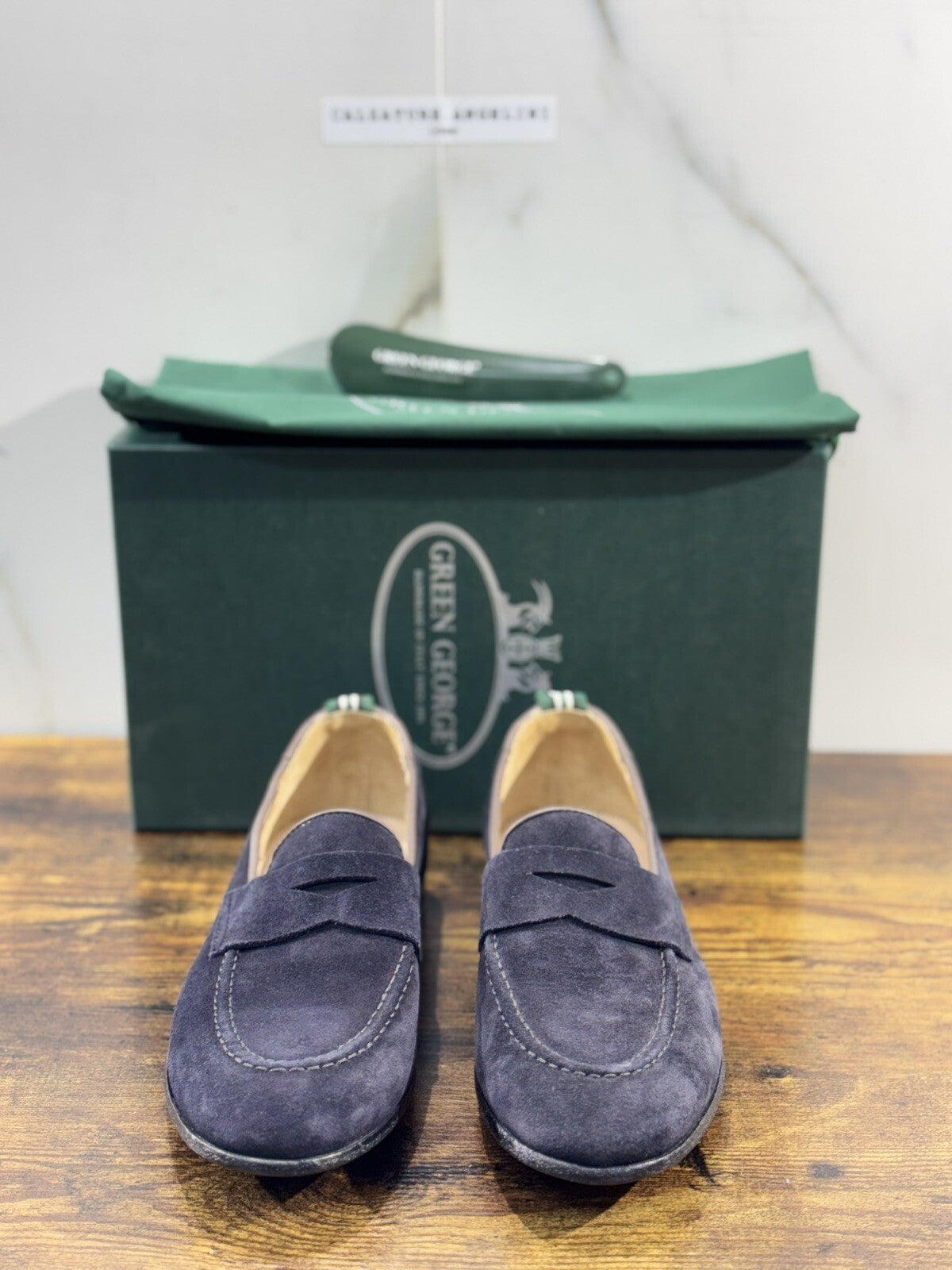 Green George Mocassino Uomo  Suede Blu  Luxury Handmade Men 42.5
