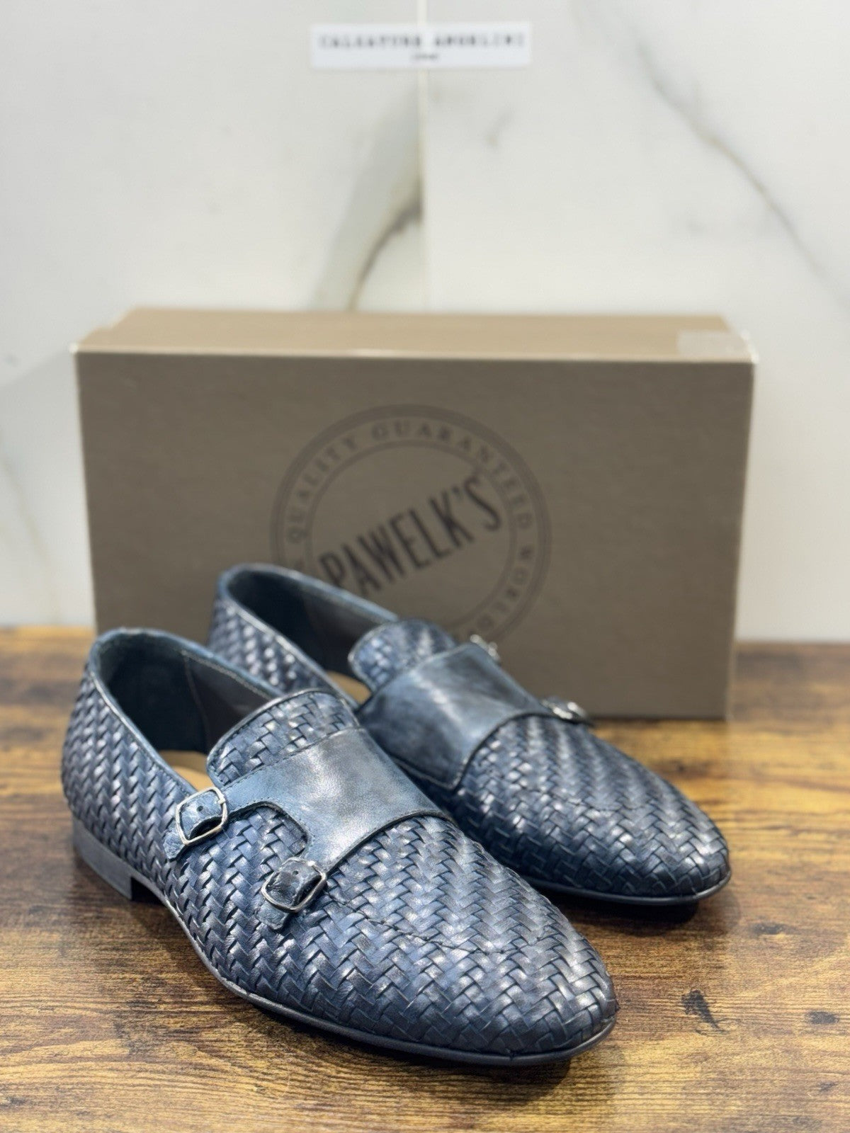 Pawelk’s Mocassino    Uomo Pelle Blu      Hand   Made  In Italy Intrecciato 44