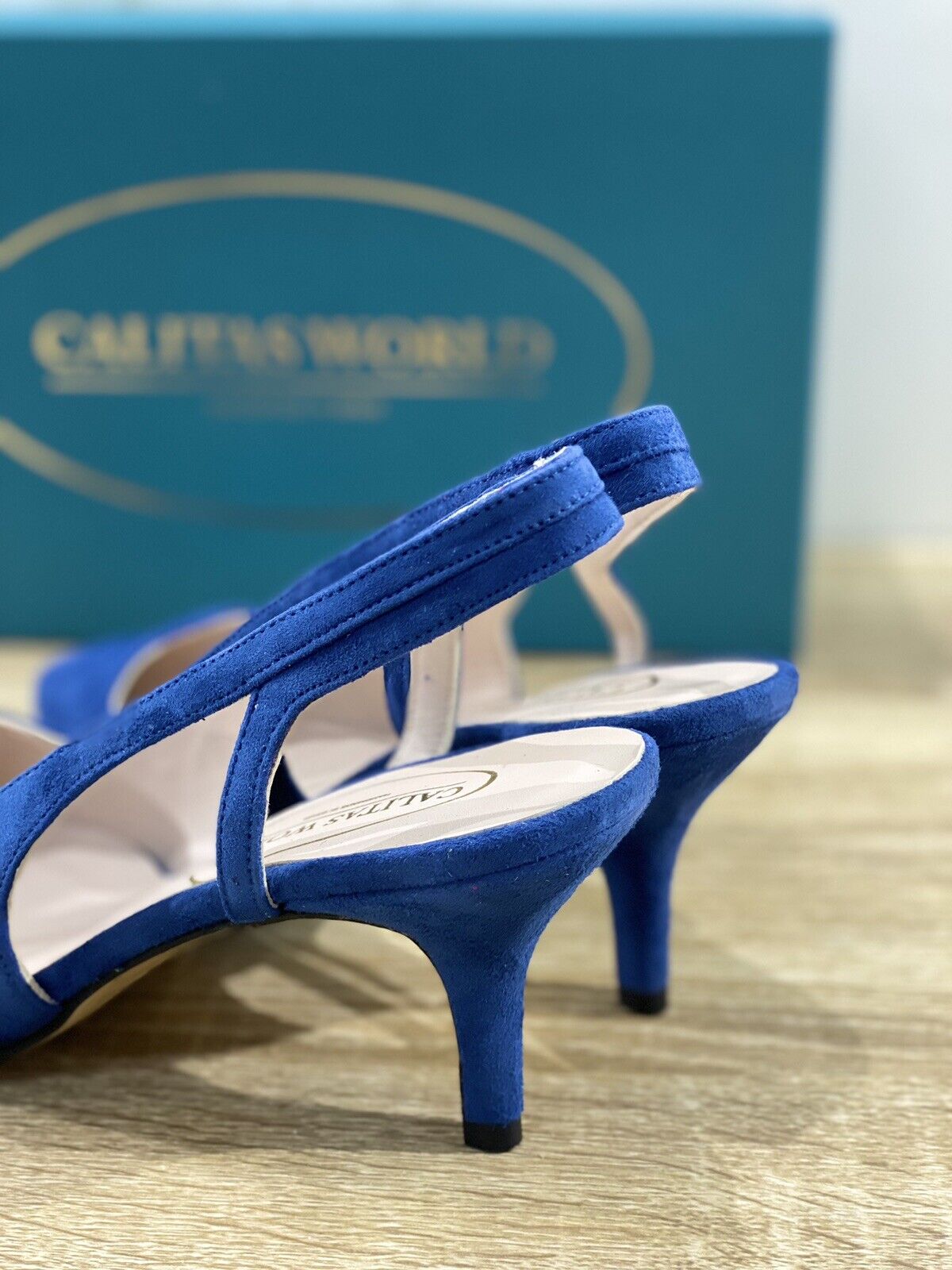 Calitas Scarpa Donna Slingback Kitten In Suede Azul Fondo Cuoio 38