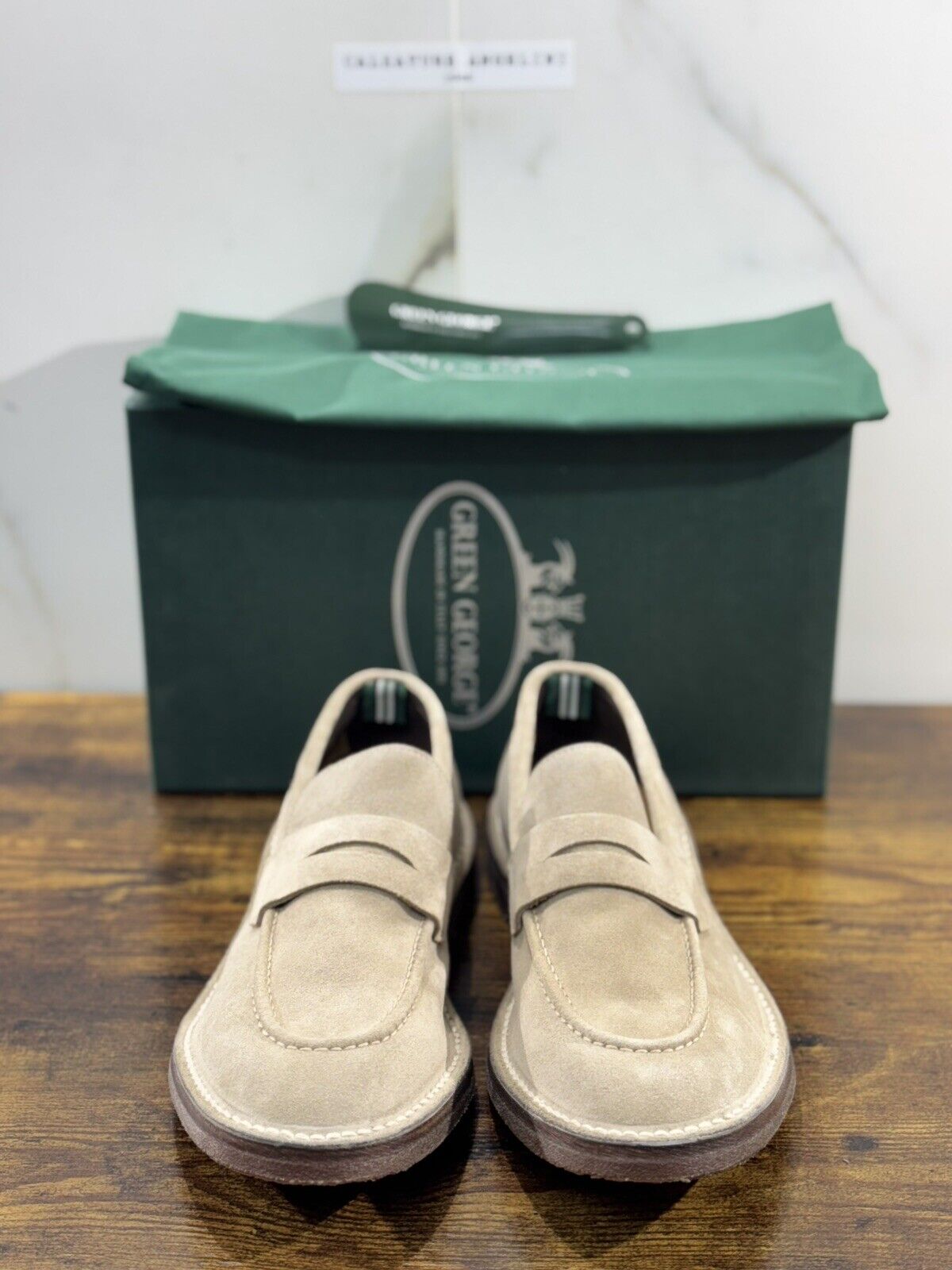 Green George Mocassino Uomo  Suede Beige    Luxury Handmade Men 40.5