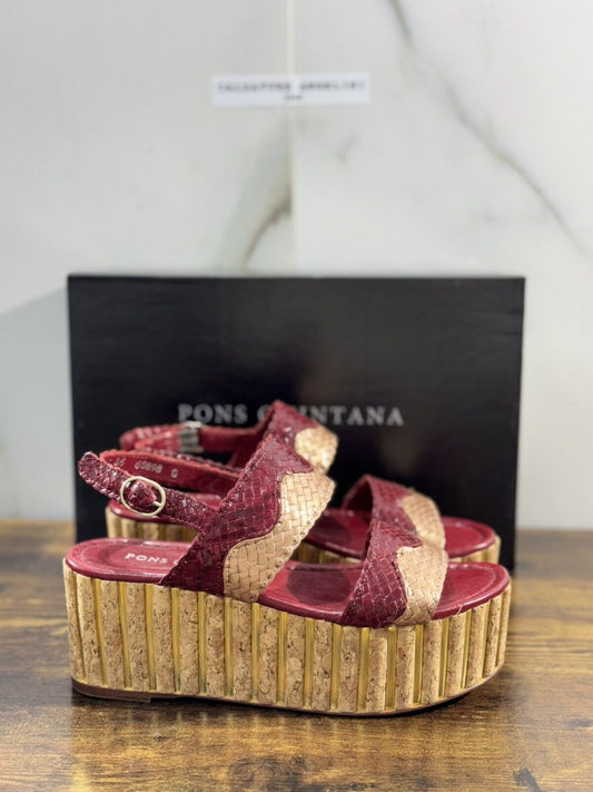 Pons Quintana Sandalo Donna     Pelle Bordo’   Handmade Con Zeppa   36