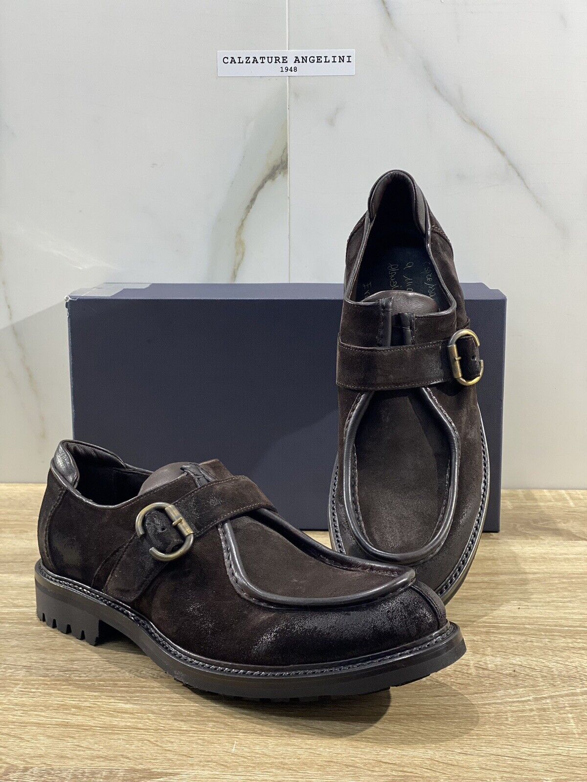 Claudio Marini scarpa uomo fatta a mano pelle moro mono luxury double buckle 39