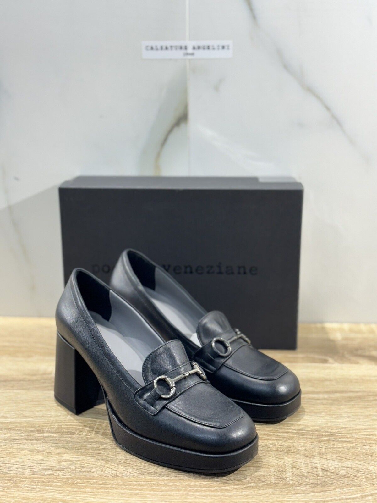 Poesie Veneziane Mocassino Donna Pelle Nero Con Tacco Made In Italy 40