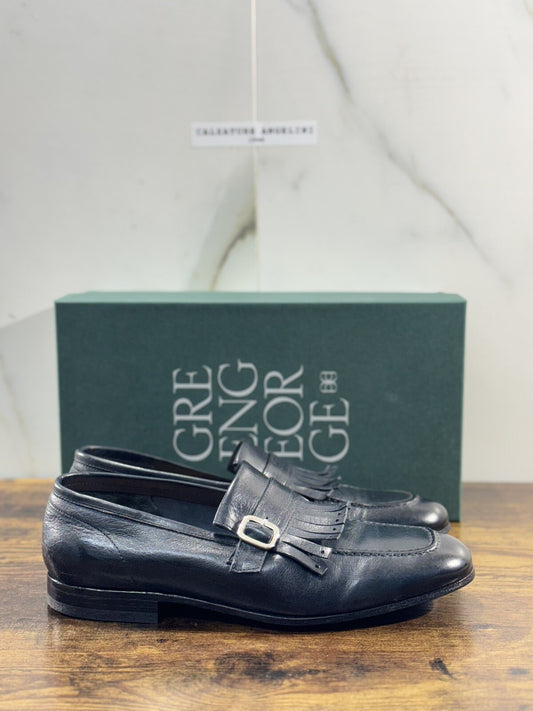 Green George Scarpa Uomo Mocassino   Pelle Blu    Luxury Handmade 41.5