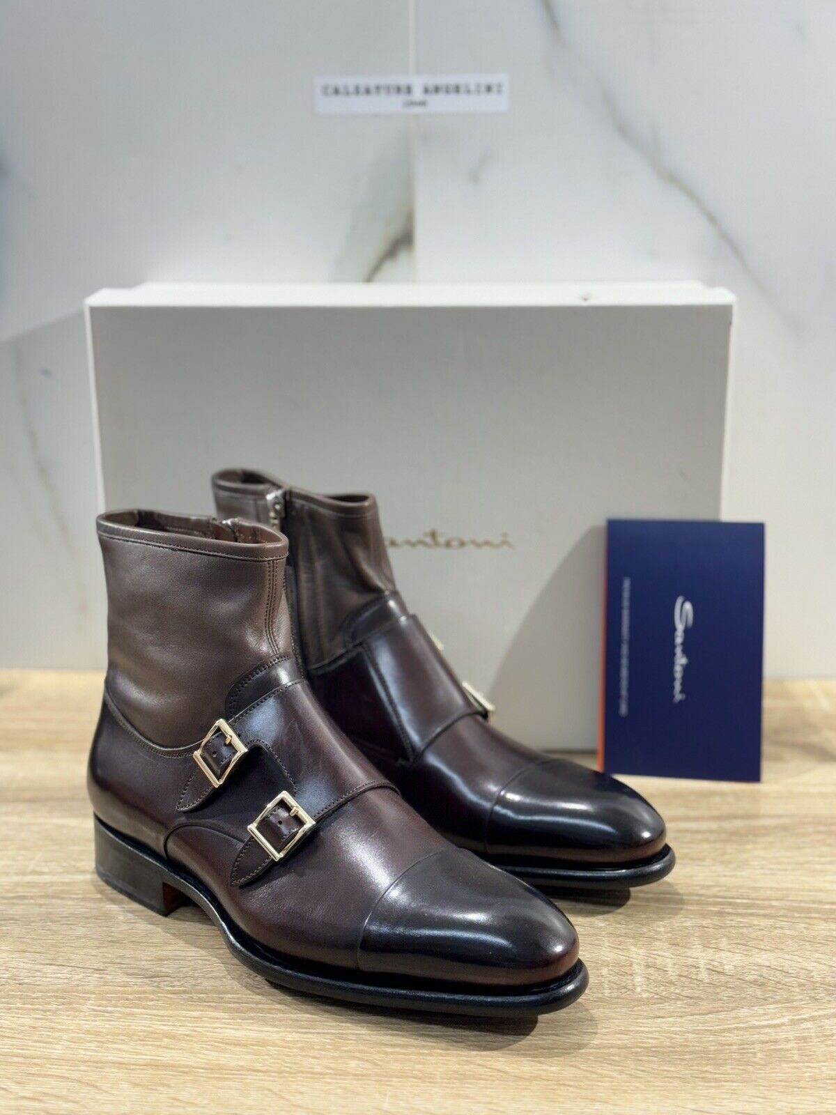 Santoni Doppia Fibbia Uomo Stivaletto Pelle Marrone Luxury Men Boot Santoni 46