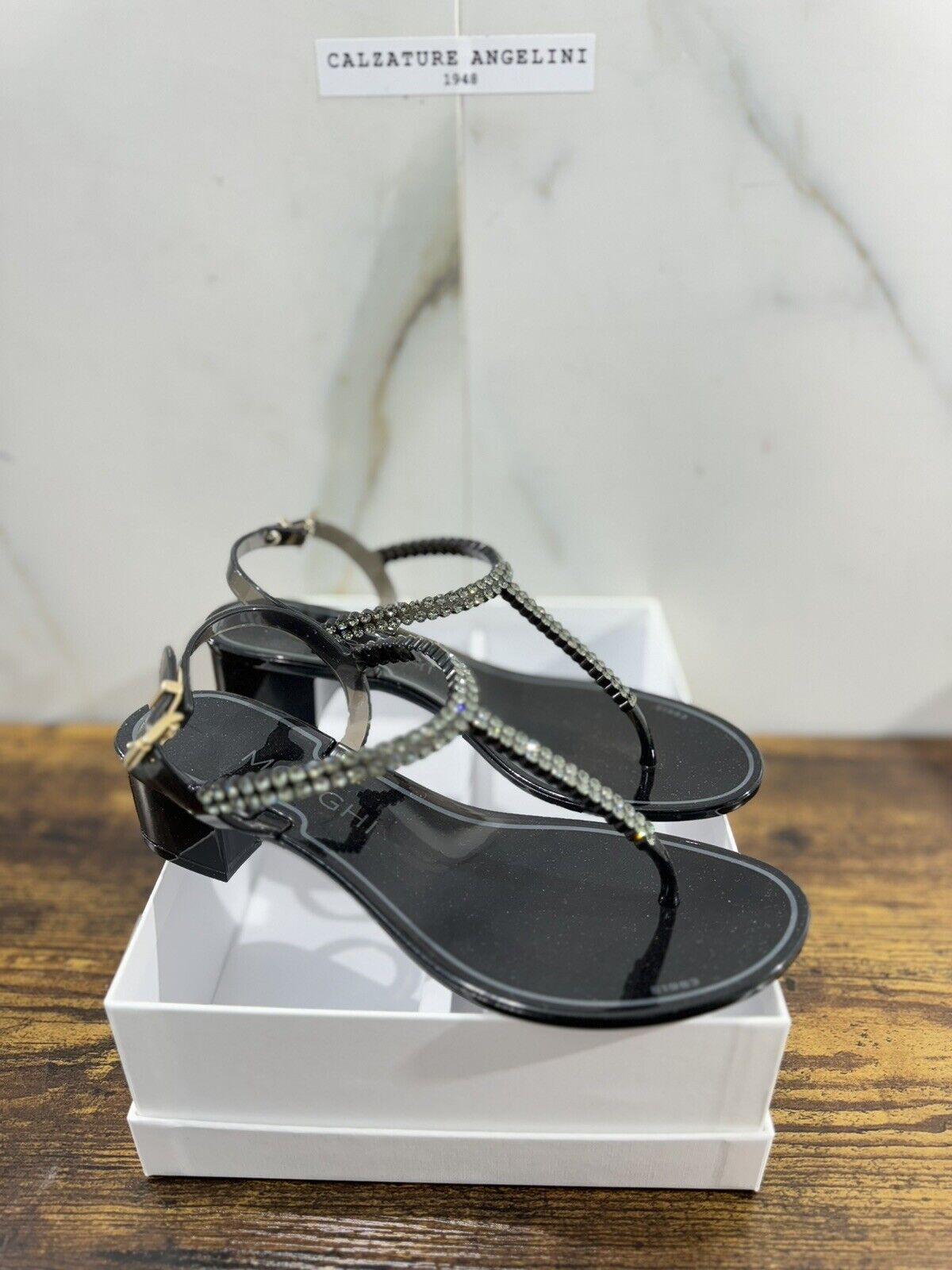 Menghi Sandalo Donna Real Swarovski Nero Con Tacco  Luxury Sandal 36