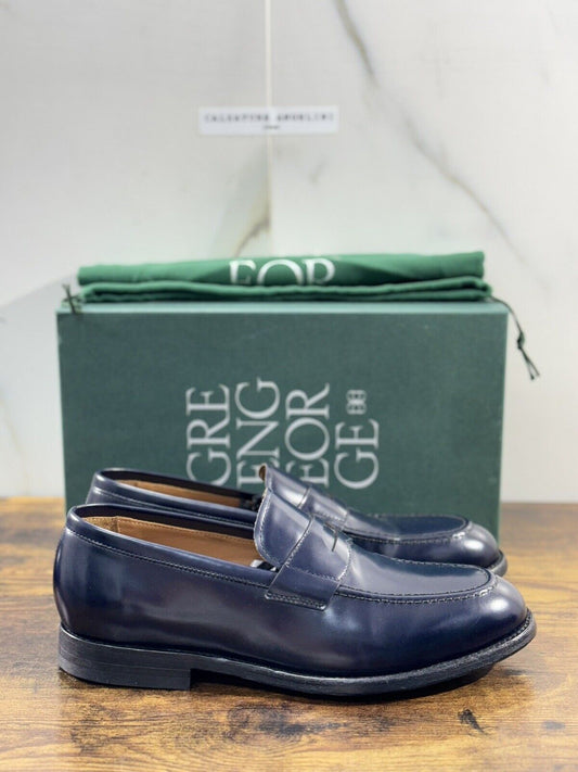 Green George Scarpa Uomo Mocassino   Pelle Blu    Luxury Handmade 43