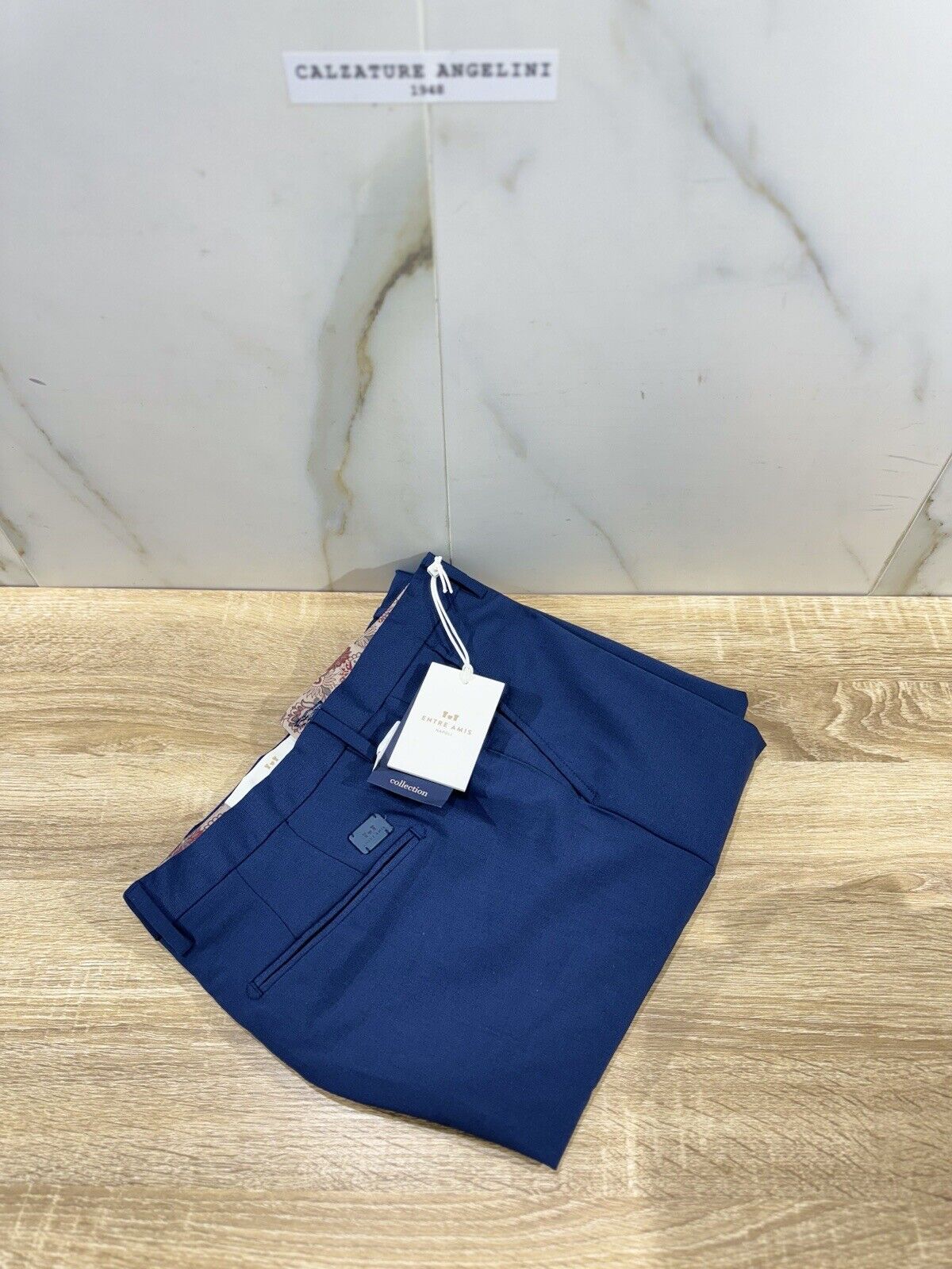 Entre Amis Napoli Pantalone Uomo  Sartoriale Fresco Lana Blu Fatto A Mano 38