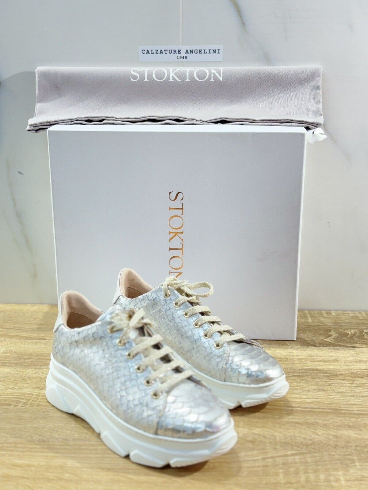 Stokton Sneaker Donna Pelle Silver  Extra Light Made In Italy 36