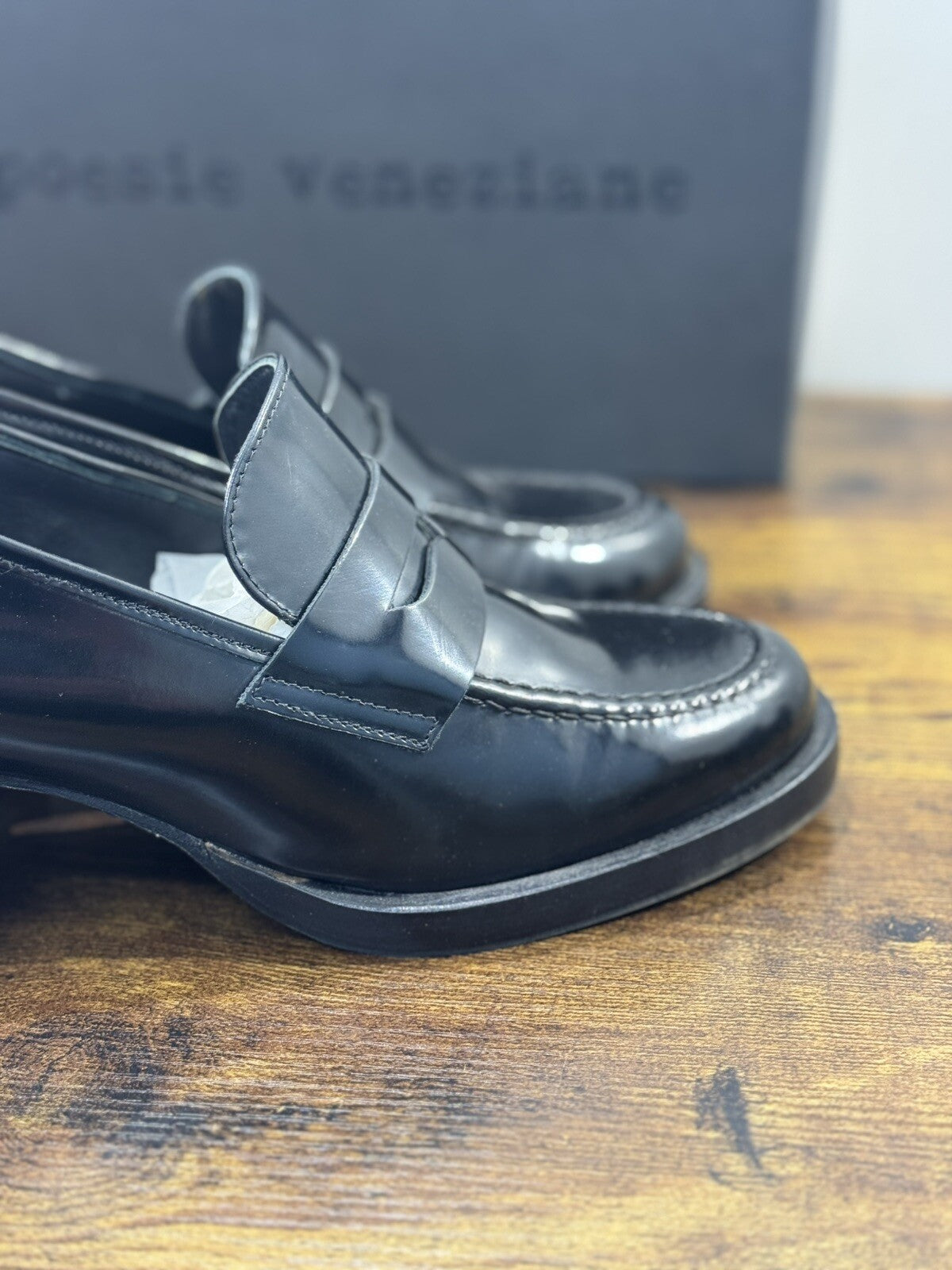 Poesie Veneziane Mocassino Donna Pelle Nera Con Tacco   Casual Loafer 41