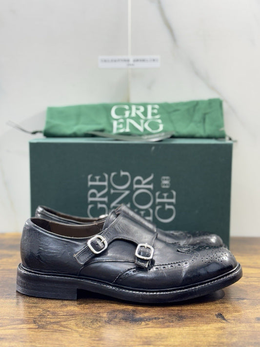 Green George Scarpa Uomo Doppia Fibbia Pelle Nero Washed Luxury Handmade 42.5