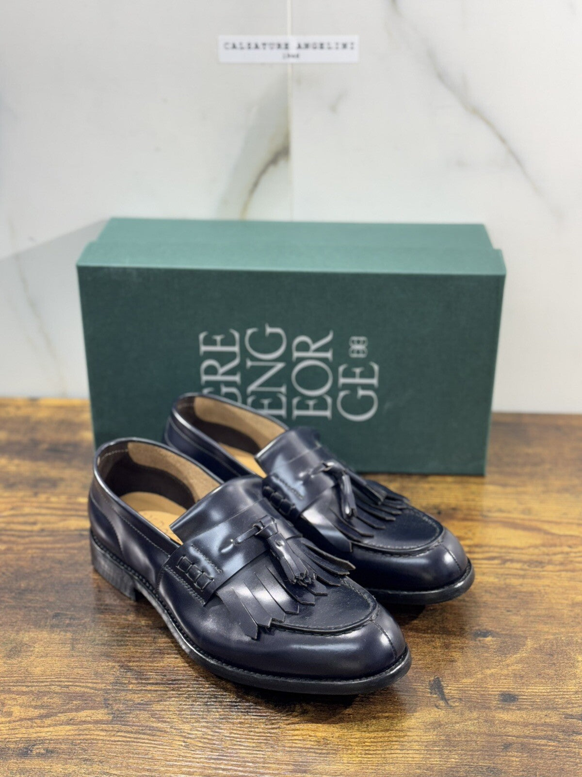 Green George Scarpa Uomo Mocassino  Nappine Pelle Blu    Luxury Handmade 42