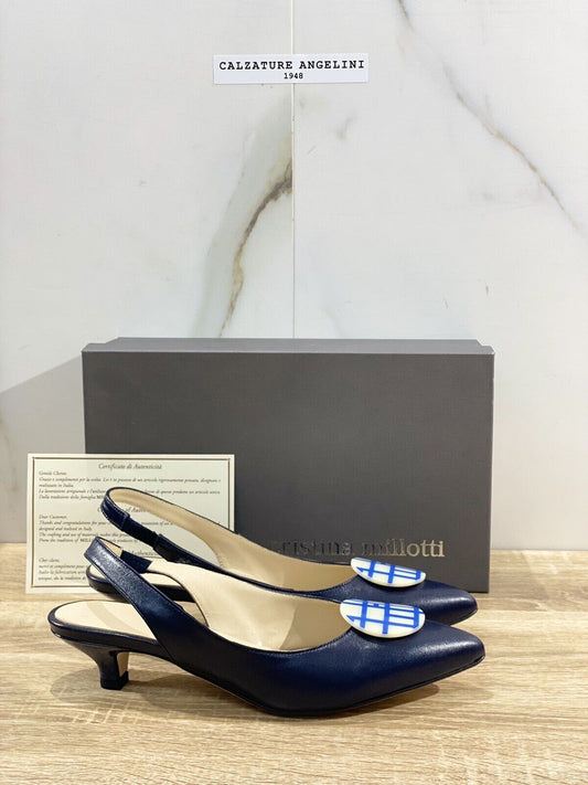 Cristina Millotti Sandalo Donna Sling Back Blu Luxury Handmade In Italy 37.5