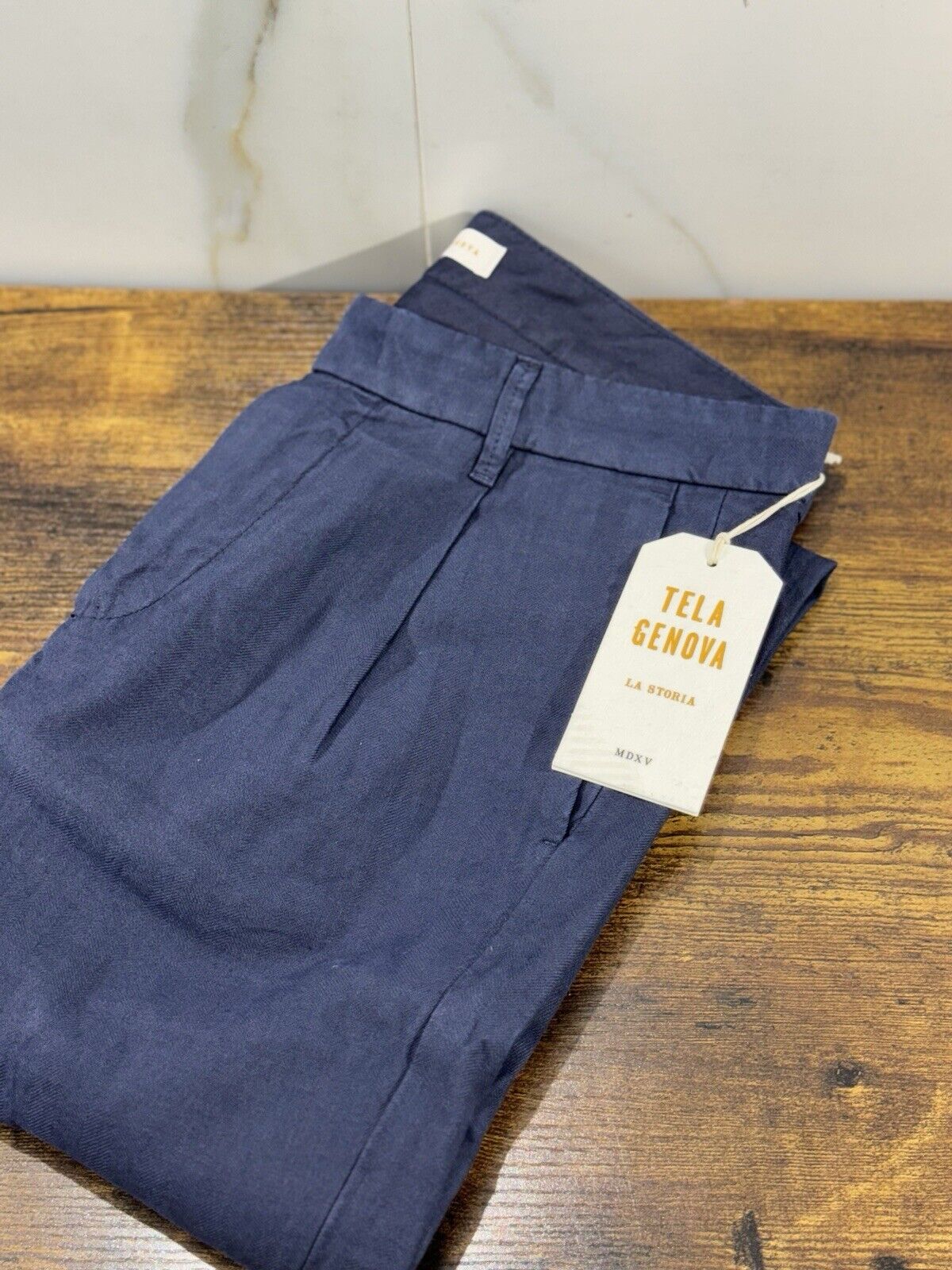 Tela Genova Pantalone Uomo Blu Cotone E Lino Fatto A Mano 33