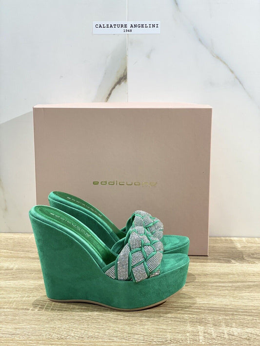 Eddi Cuomo Sandalo Donna Zeppa In Suede Verde Luxury Handmade 40