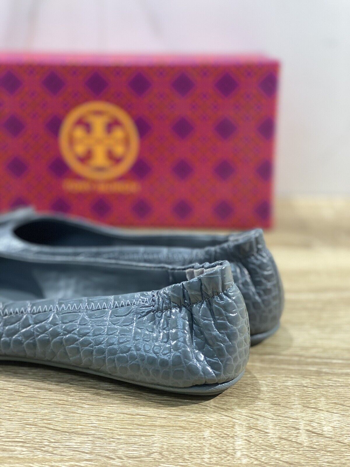 Tory Burch Minnie Travel Ballet In Pelle Soft Croco Grey Luxury Woman Shoe 36