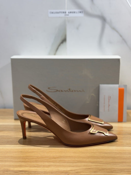 Santoni Sling Back Pelle Cuoio Con Tacco Luxury Santoni Sandalo Donna 37