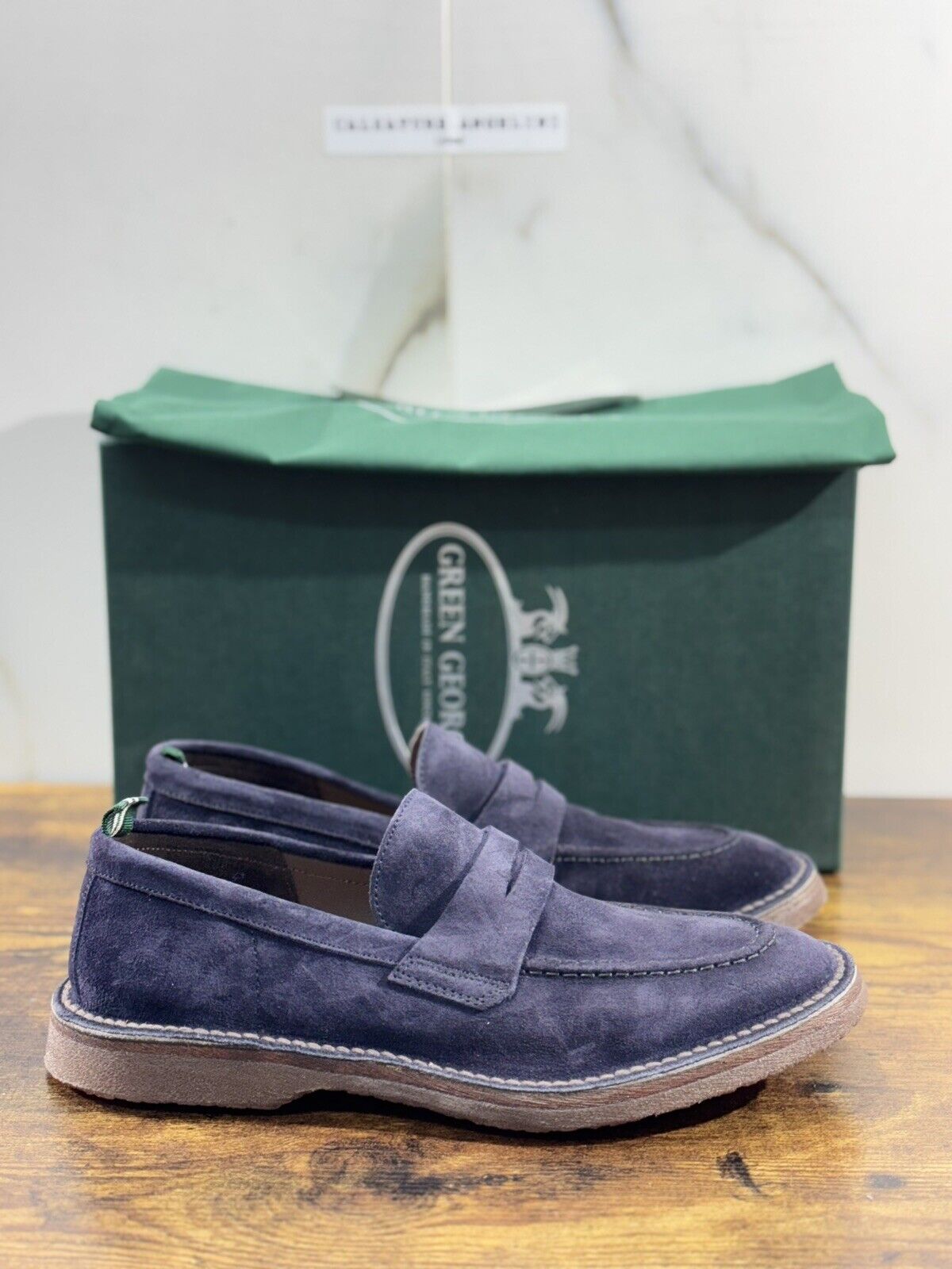 Green George Mocassino Uomo  Suede Blu    Luxury Handmade Men 43