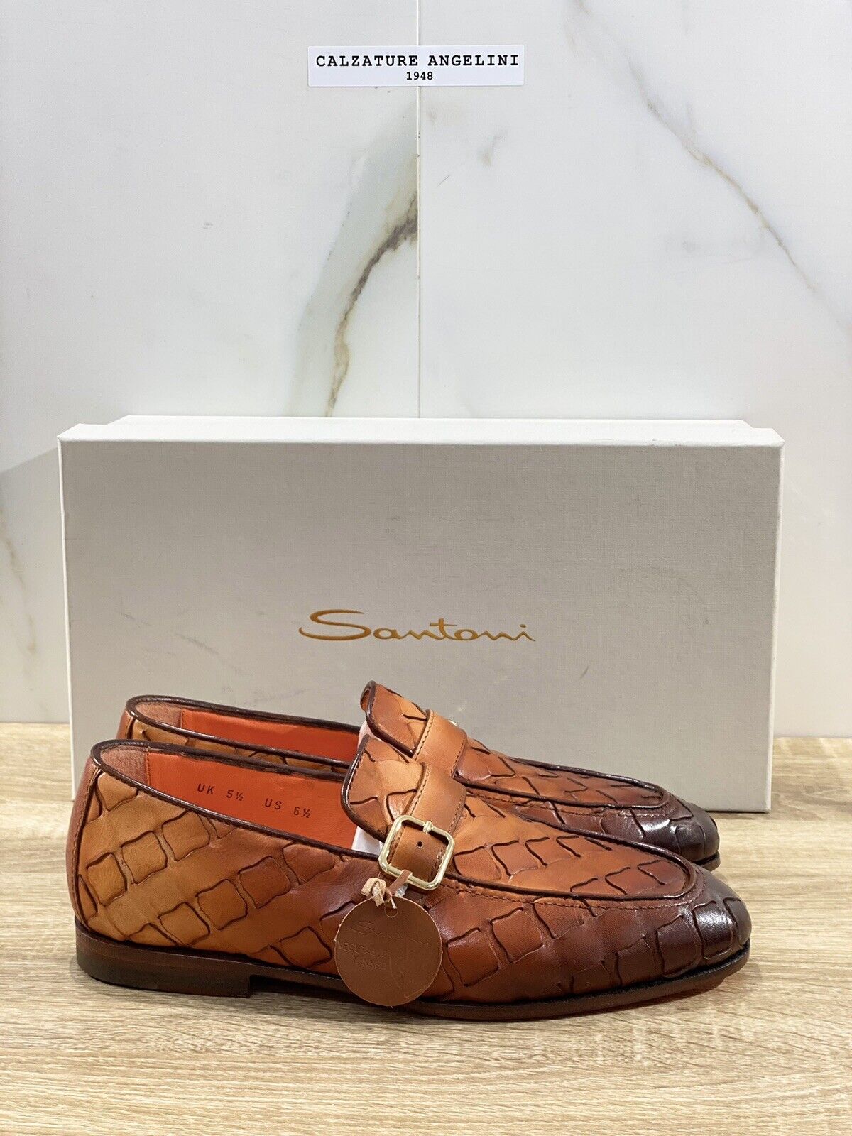 Santoni Mocassino Uomo Pelle Cuoio Buckle Intreccio Luxury Goodyear Santoni 39.5