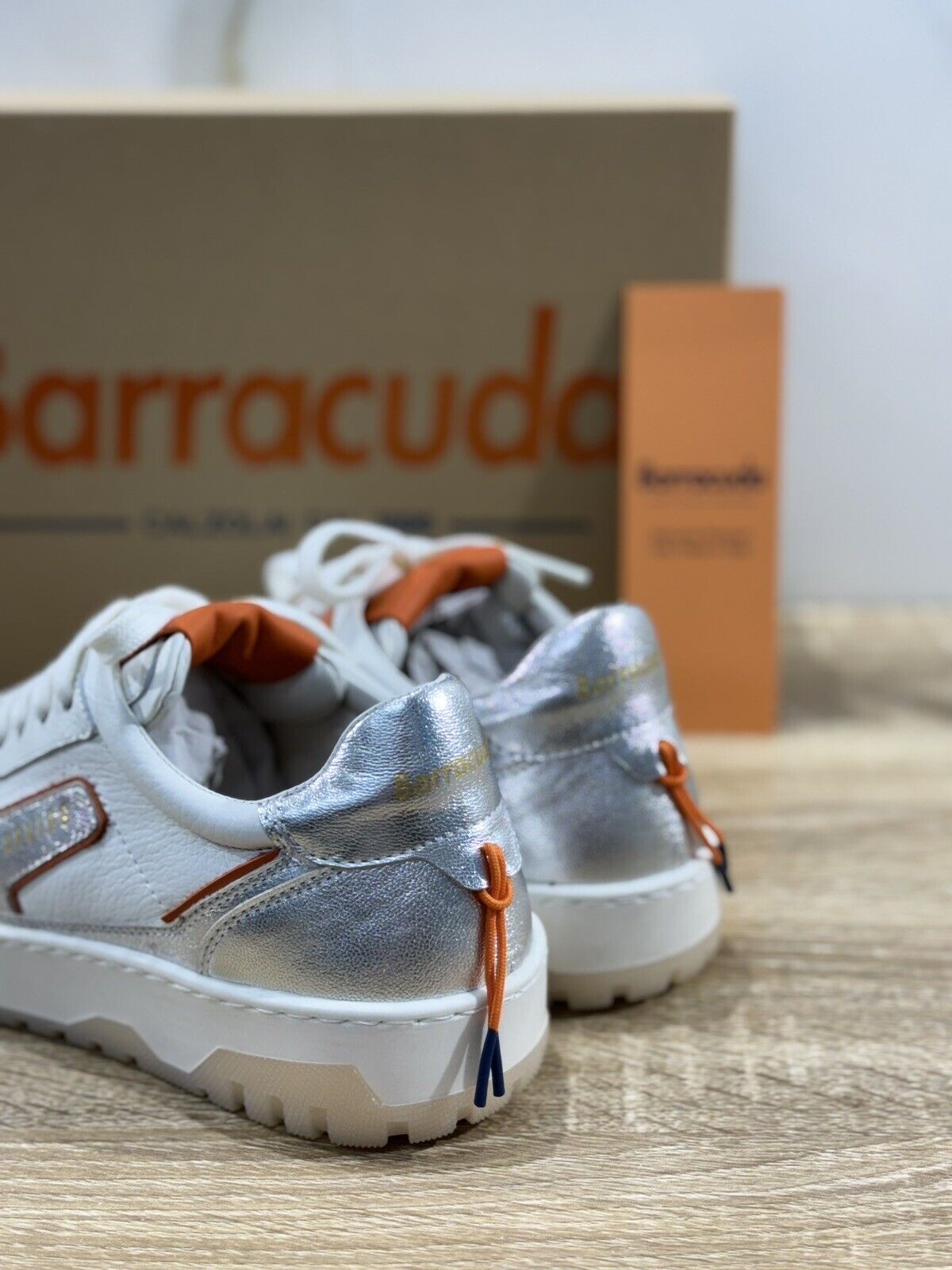 Barracuda Sneaker Donna Pelle Bianca Argento   Casual Woman Handmade Sneaker 37