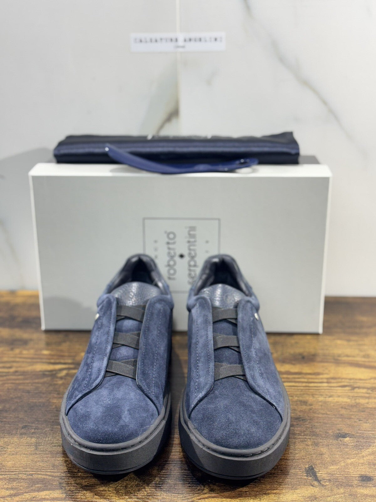 Roberto Serpentini Slip On  Pelle Blu Suede  Luxury Handmade Men Shoes 44