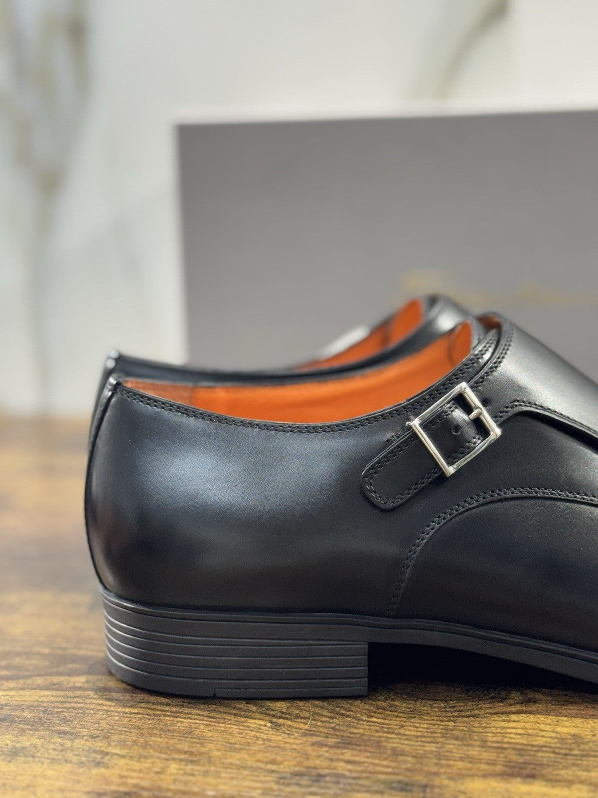 Santoni Doppia Fibbia Pelle Nero Fondo Gomma     Luxury Santoni Scarpa Uomo 43.5