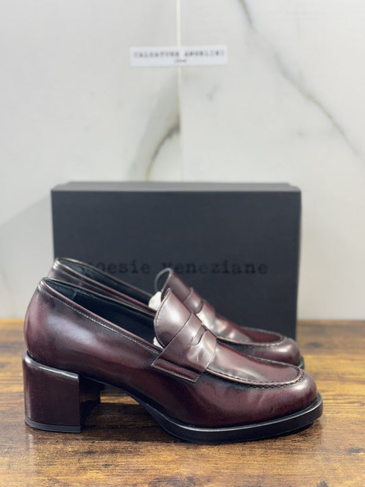 Poesie Veneziane Mocassino Donna Pelle Bordo’ Con Tacco   Casual Loafer 41
