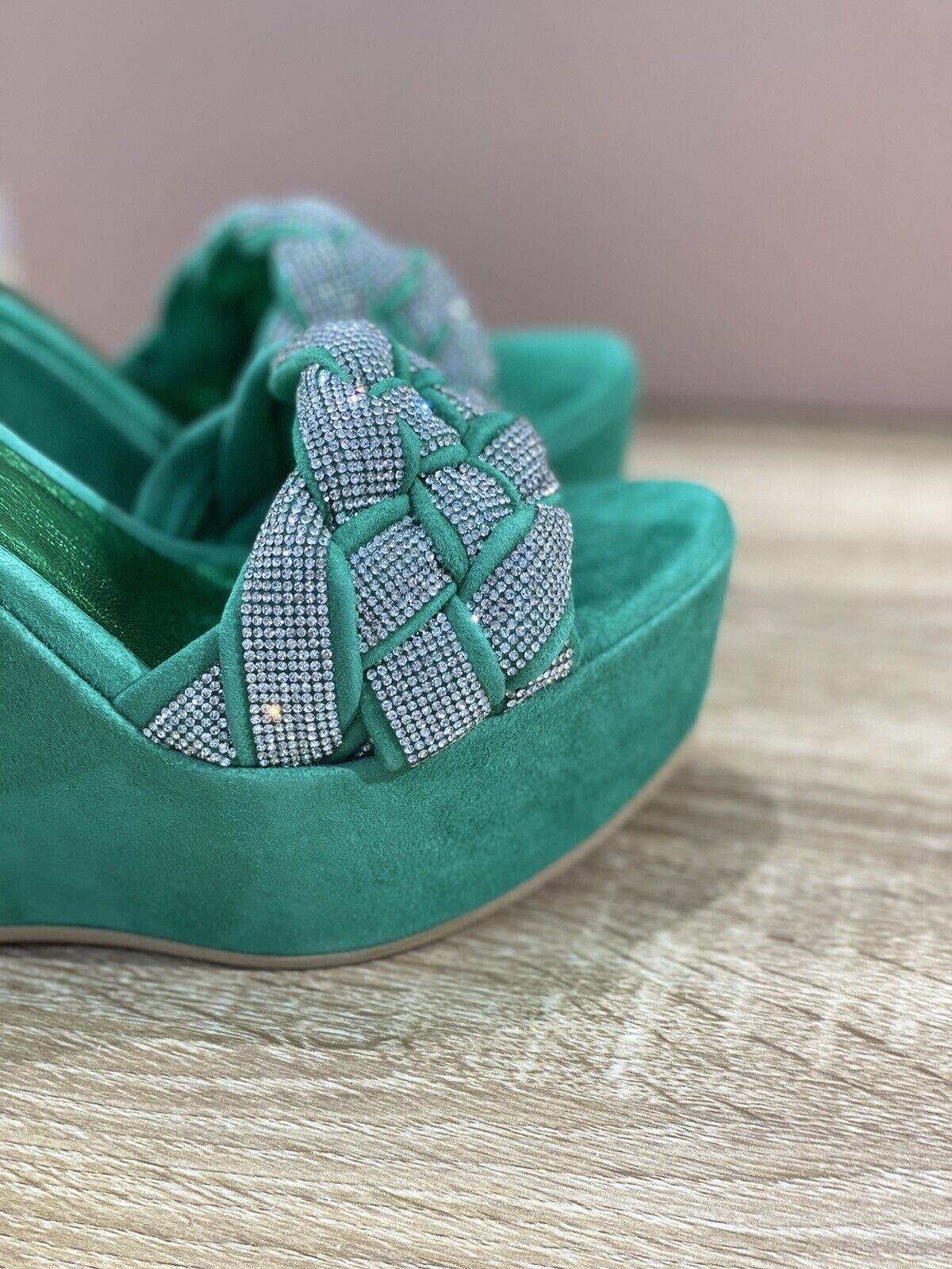 Eddi Cuomo Sandalo Donna Zeppa In Suede Verde Luxury Handmade 39