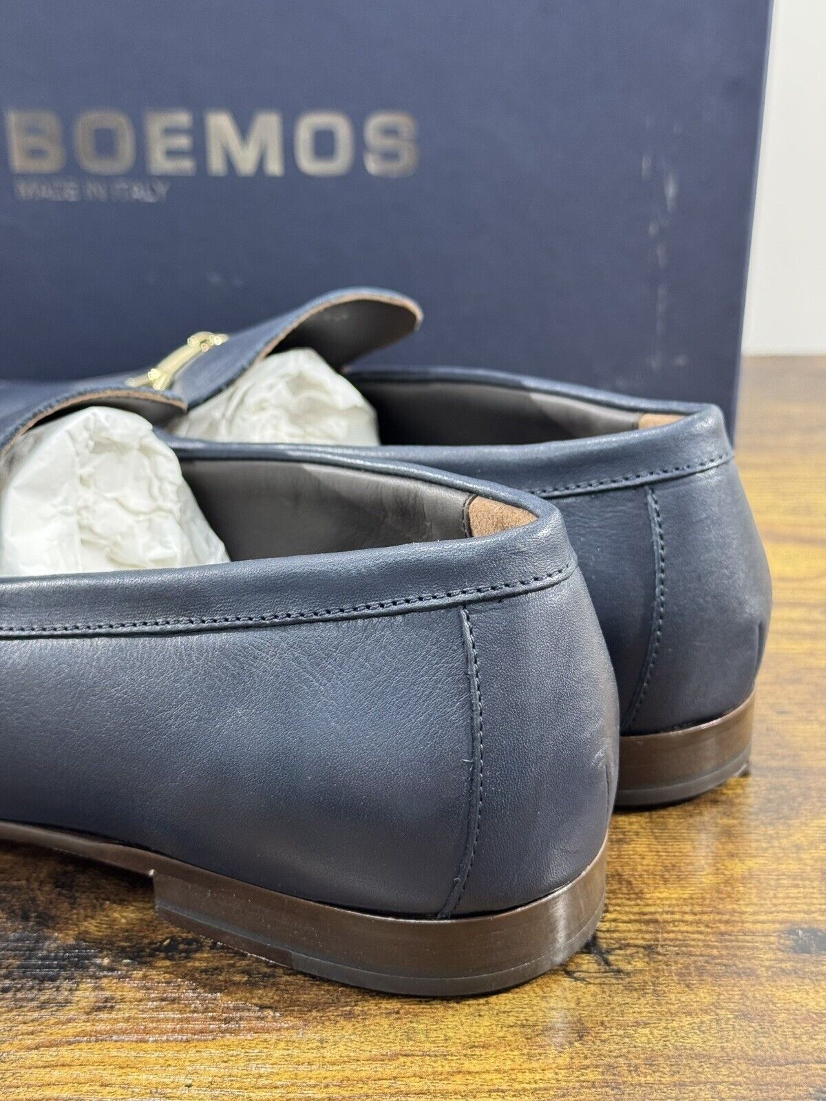 Boemos Mocassino Uomo Fondo  Cuoio Cucito  Pelle Blu        Made In Italy 42